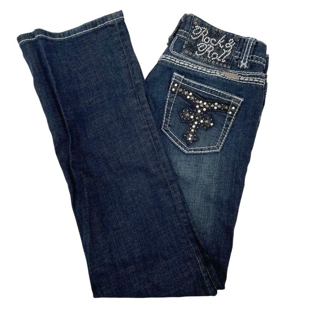Rock & Roll Cowgirl Low Rise Embellished Thick Stitch Jeans 28x32 Studded Cross